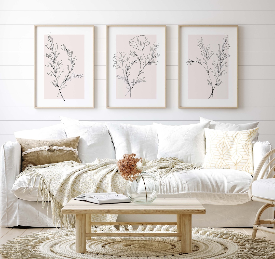 Blush Pink Wall Art Set of 3 Piece Botanical Line Art Plant Prints ...