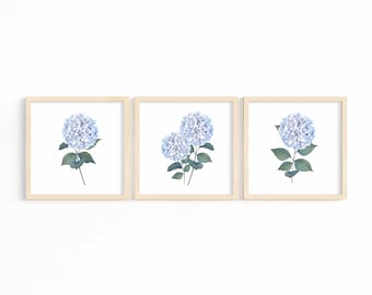 Hortensie Print 3er Set blau Aquarell Blumen Wand Dekor Floral druckbare Wand Kunst minimalistische bunte Wohnkultur Instant Download