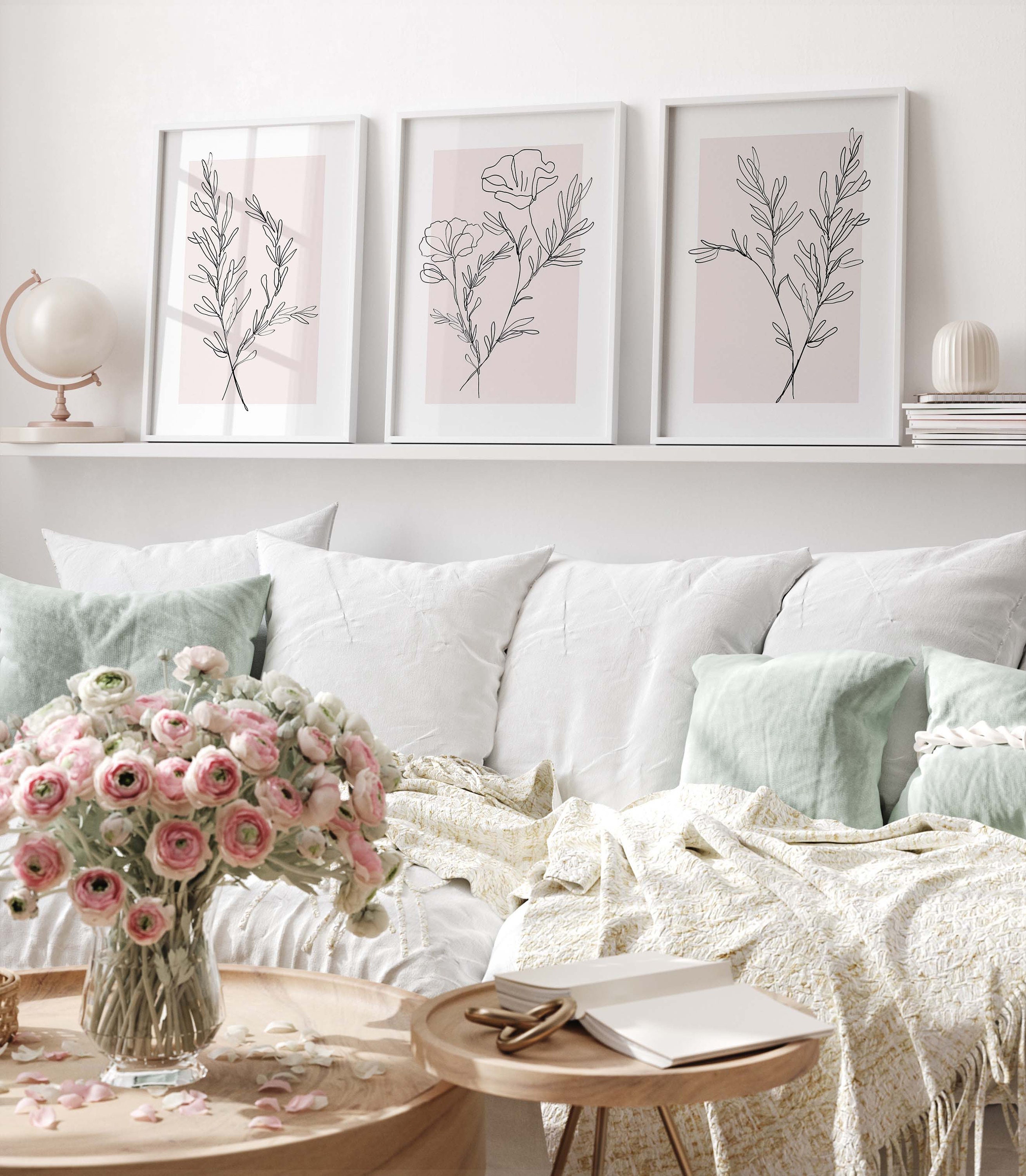 Blush Pink Wall Art Set of 3 Piece Botanical Line Art Plant Prints ...