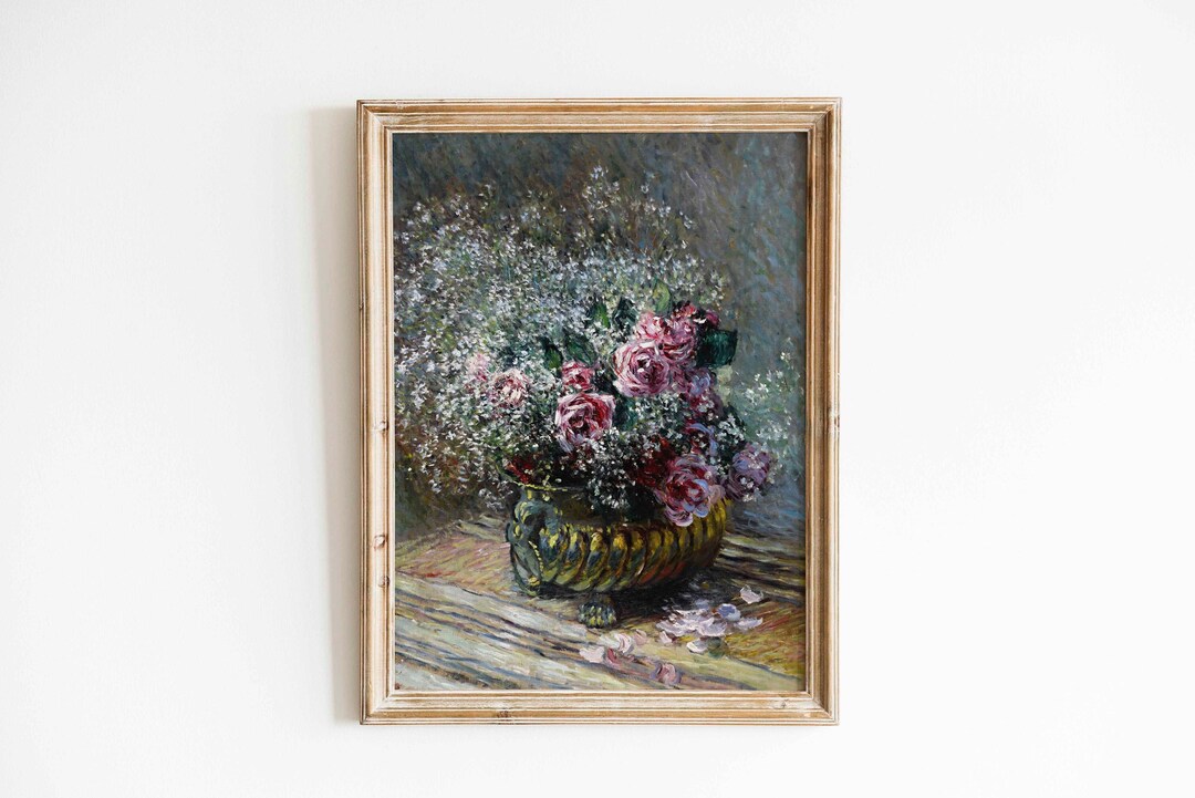 Rustic Pink Monet Rose Vintage Art Print Antique Floral Still Life Oil ...