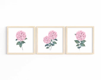 Hydrangea Print Set of 3 Pink Watercolor Botanical Printable Wall Art Floral Wall Decor Minimalist Colorful Home Decor Instant Download