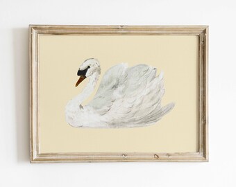 Yellow Wall Art Muted White Swan Vintage Print Antique Nursery Minimalist Decor Modern Farmhouse Country Cottage Bedroom Digital Download