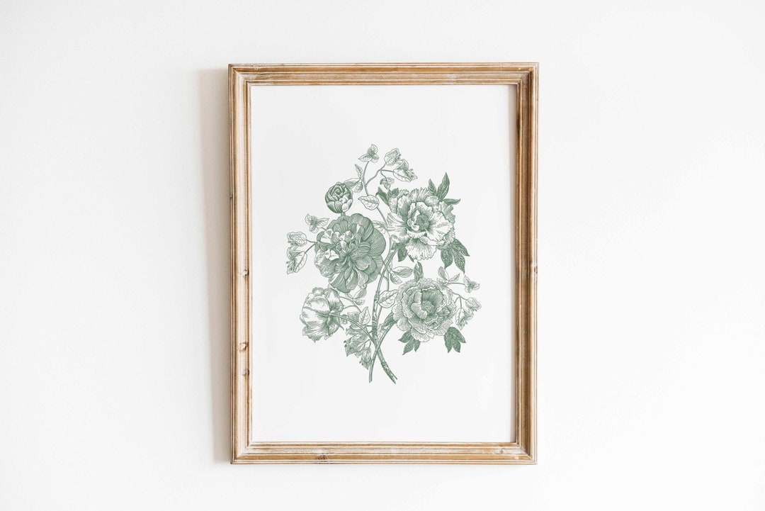 Green Wall Art Print Vintage Aesthetic Chinoiserie Flower Bouquet Toile ...