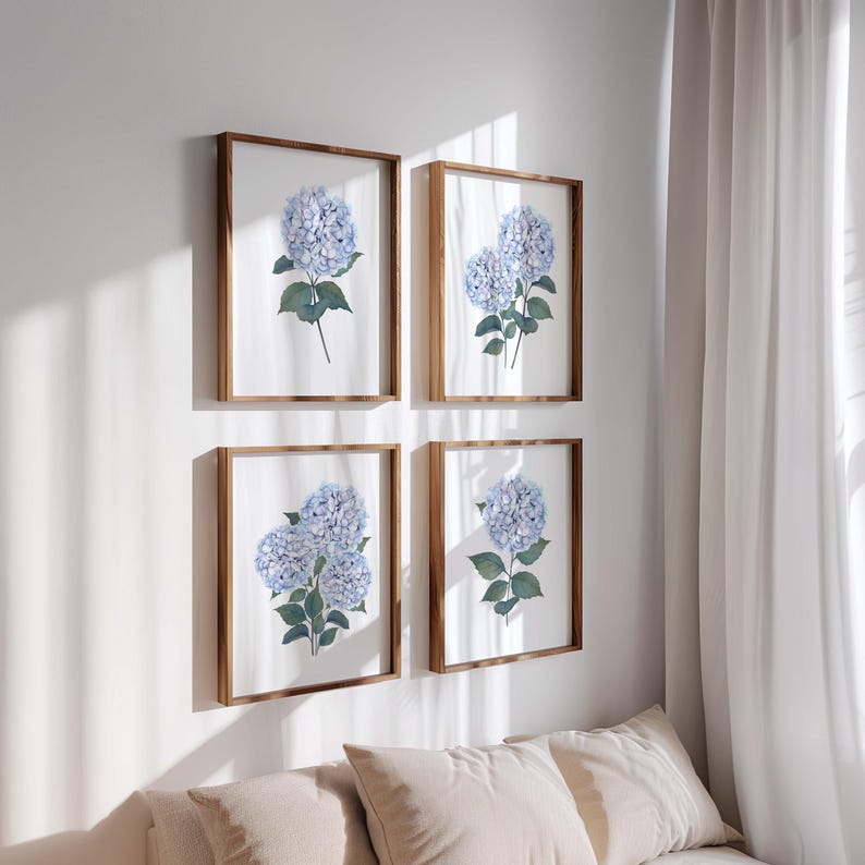 Blue Hydrangea Watercolor Set of 4 Prints Botanical Floral Wall Art ...