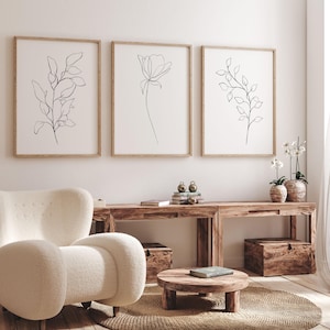 Neutral Wall Art Set of 3 Black and White Botanical Line Art Plant Prints Modern Minimalist Living Room Decor Instant Download