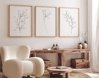 Neutral Wall Art Set of 3 Black and White Botanical Line Art Plant Prints Modern Minimalist Living Room Decor Instant Download
