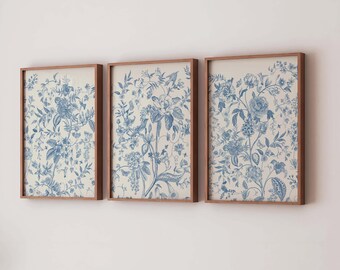 Blue Triptych Wall Art Print Antique Toile Aesthetic Chinoiserie Botanical Wildflower Garden Drawing Modern Minimalist Home Digital Download