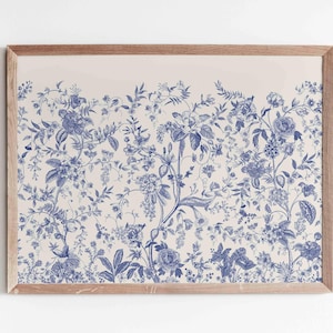 Indigo Blue Wall Art Print Antique Toile Art Aesthetic Chinoiserie Botanical Wildflower Drawing Modern Minimalist Bedroom Digital Download