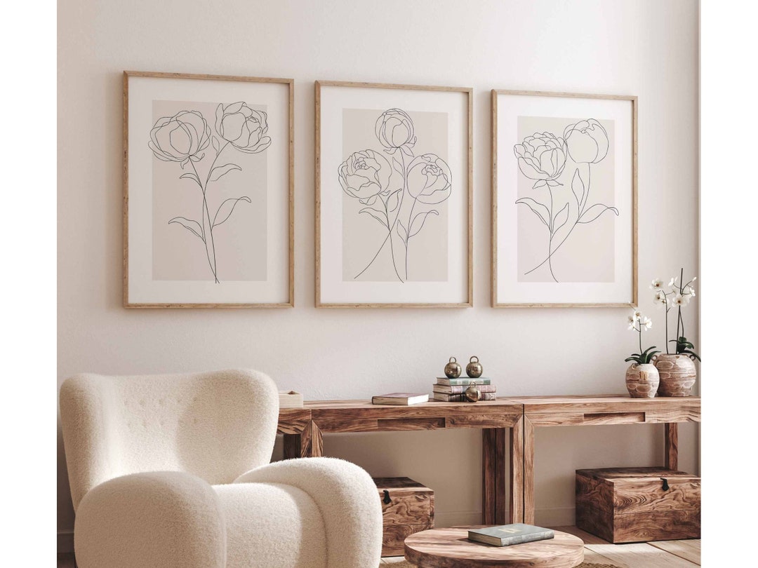 Beige Wall Art Set of 3 Piece Peony Line Art Simple Flower Drawing ...