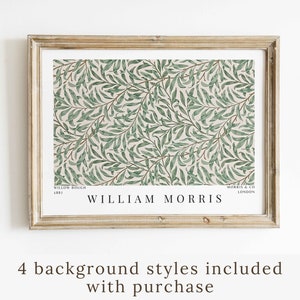 Póster de exposición textil vintage con diseño de ramas de sauce horizontales de William Morris, decoración de pared color verde salvia y beige para sala de estar
