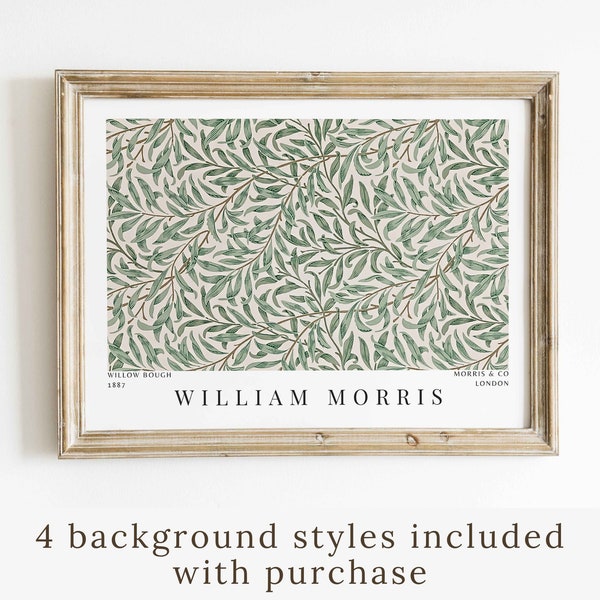 William Morris Horizontal Willow Bough Pattern Vintage Textile Exhibition Poster Sage Green Living Room Beige Decor Printable Wall Art