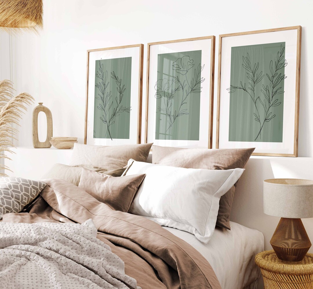 Green Wall Art Set of 3 Piece Botanical Line Art Plant Prints ...