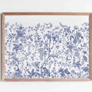 Indigo Blue Wall Art Print Antique Toile Art Aesthetic Chinoiserie Botanical Wildflower Drawing Modern Minimalist Bedroom Digital Download