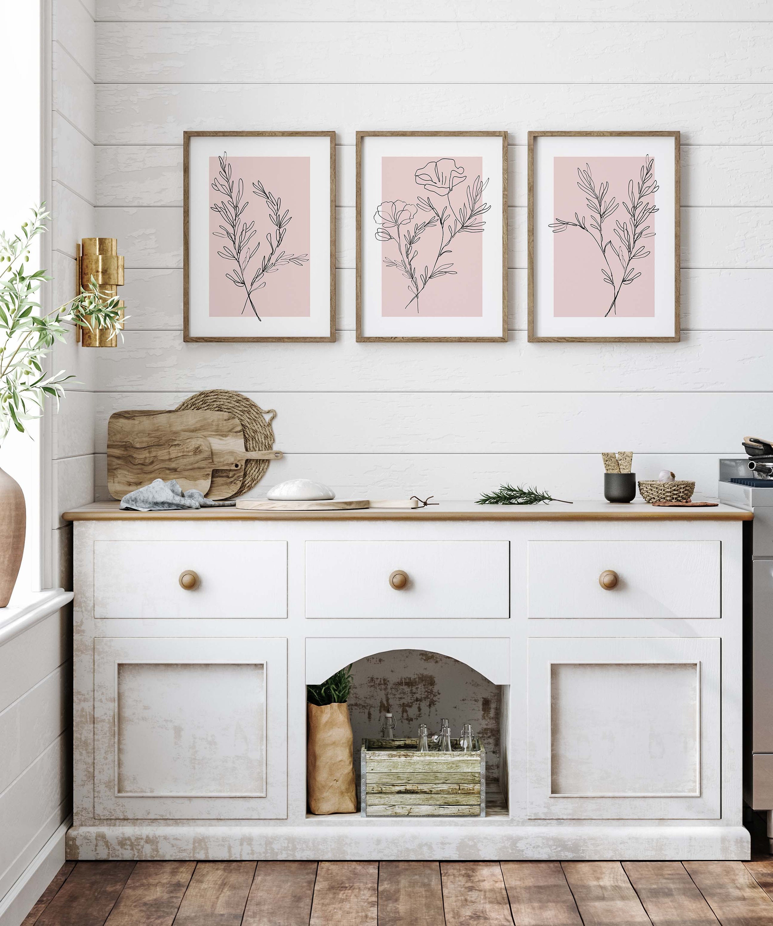 Rose Pink Wall Art Set of 3 Piece Botanical Line Art Plant Prints ...