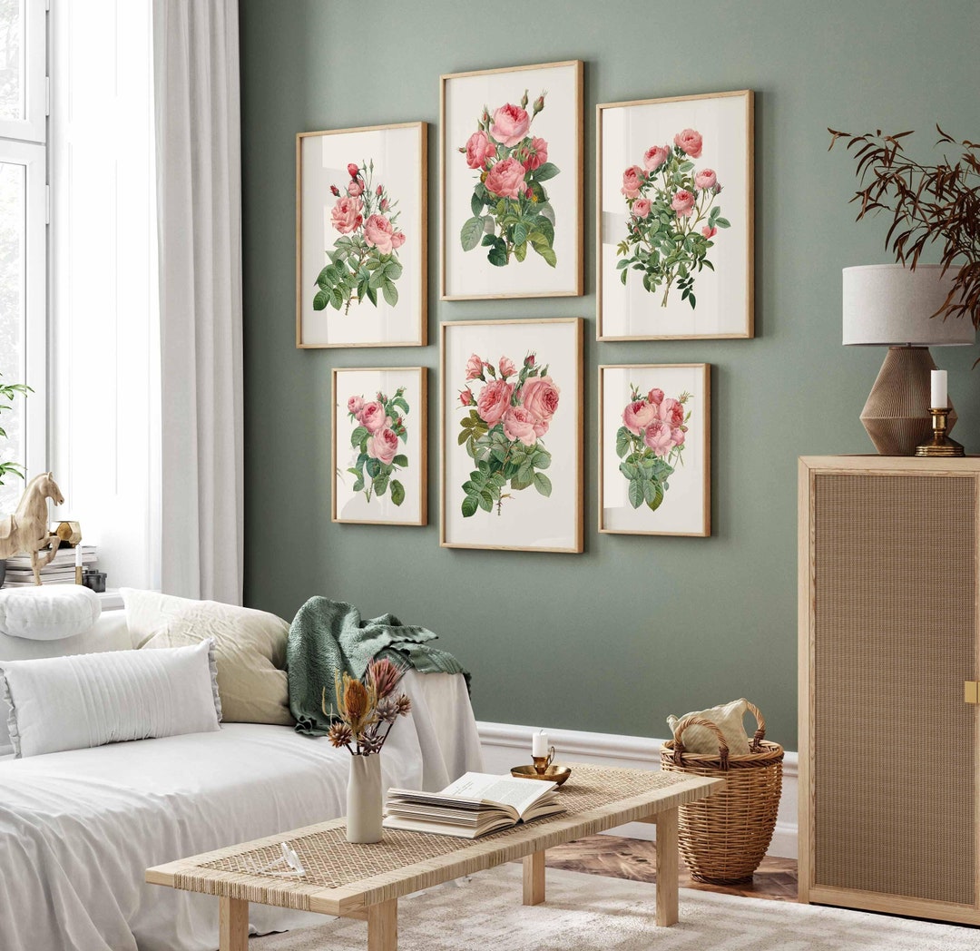 Pink Roses Set of 6 Gallery Wall Art Print Vintage Flower Art English ...