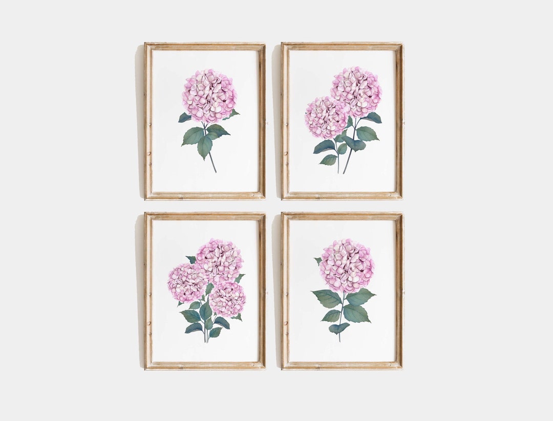 Pink Hydrangea Watercolor Set of 4 Prints Botanical Floral Wall Art ...