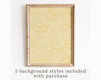 Póster de exposición de arte mural amarillo con estampado textil vintage de William Morris, estilo rústico moderno, casa de campo, arte mural imprimible neutro.