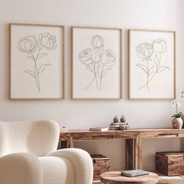 Neutral Wall Art Set of 3 Piece Peony Line Art Botanical Plant Prints Minimalist Flower Art Ivory Living Room Home Decor Instant Download