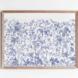 Indigo Chinoiserie Blue Wall Art Print Antique Toile Decor Aesthetic Botanical Wildflower Drawing Modern Minimalist Home Digital Download