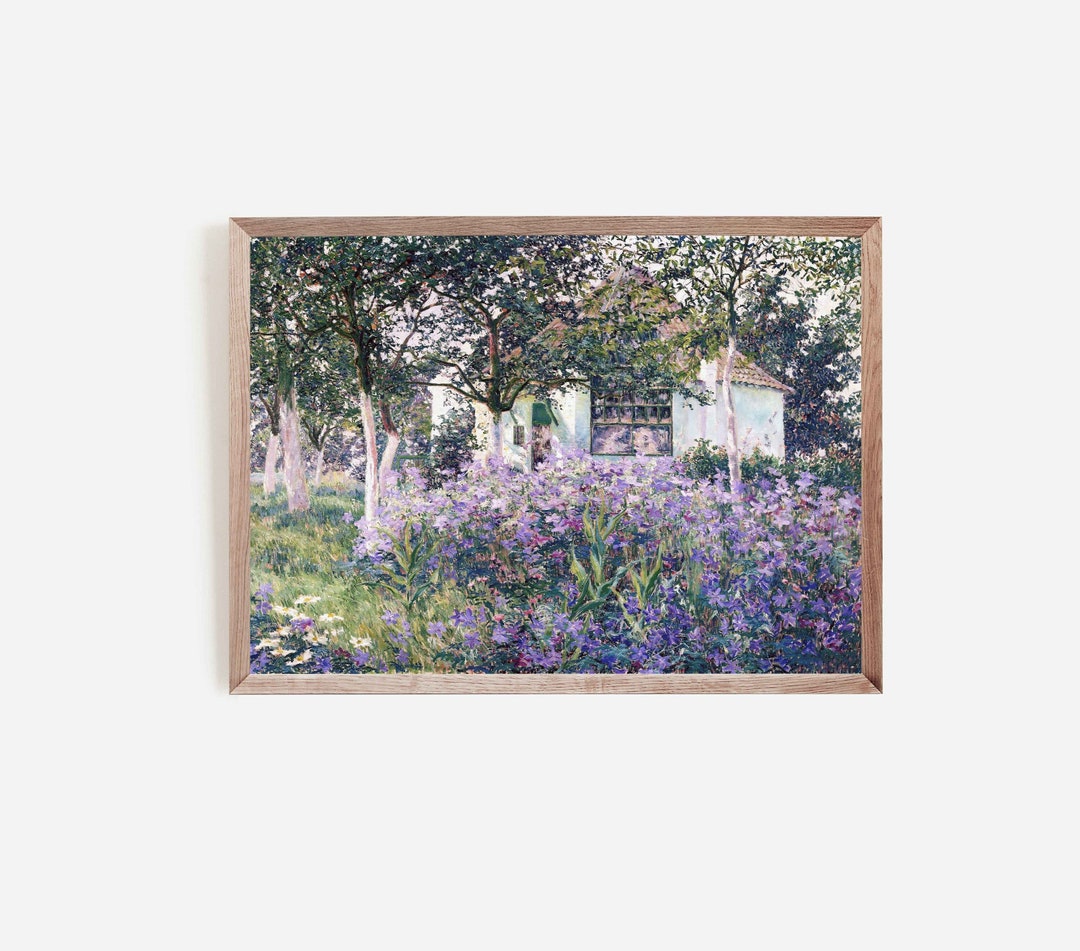 Vintage Flower Landscape Art Print Purple Flower Garden Antique Floral ...