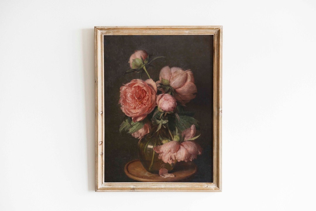 Moody Pink Peony Still Life Vintage Oil Painting Print Dark Floral ...