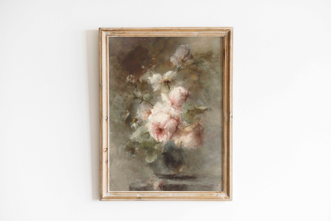 Pink Rose Vintage Painting Antique Floral Still Life Art Print Muted ...