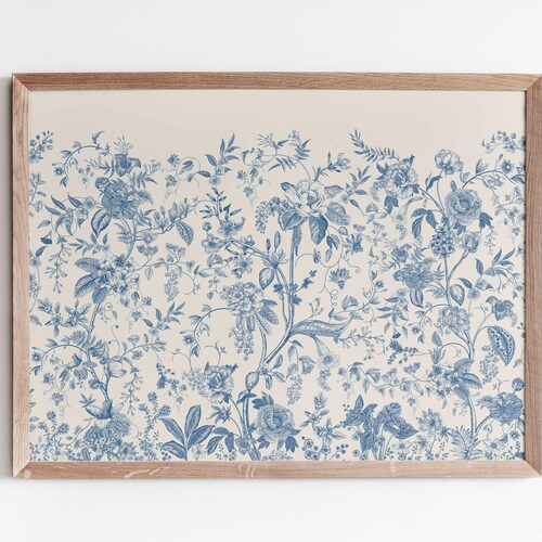 Blue Decor Wall Art Print Antique Blue Toile Art Aesthetic Chinoiserie Botanical Wildflower Drawing Modern Minimalist Home Digital Download