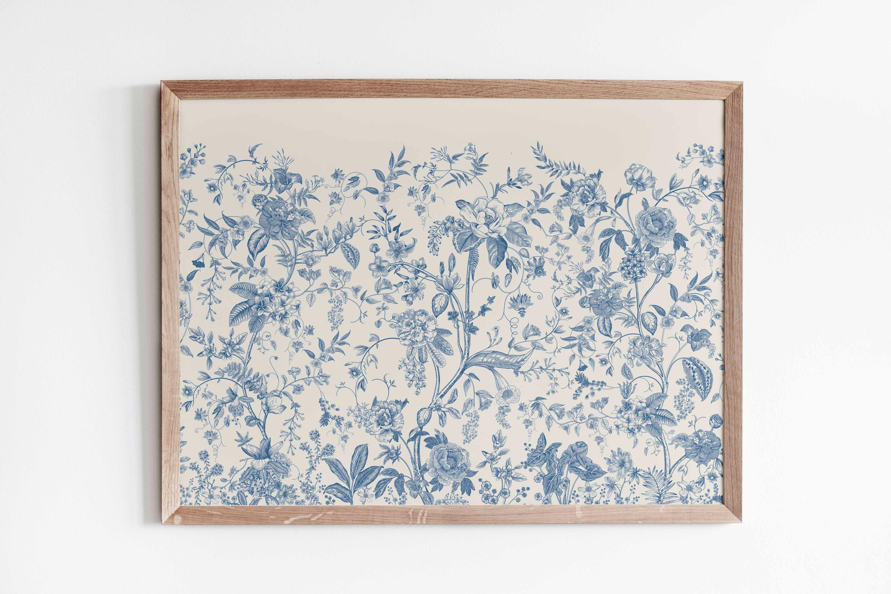 Blue Decor Wall Art Print Antique Blue Toile Art Aesthetic Chinoiserie Botanical Wildflower Drawing Modern Minimalist Home Digital Download