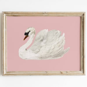 Pink Wall Art Muted White Swan Vintage Print Antique Nursery Minimalist Decor Girls Room Modern Farmhouse Country Cottage Digital Download