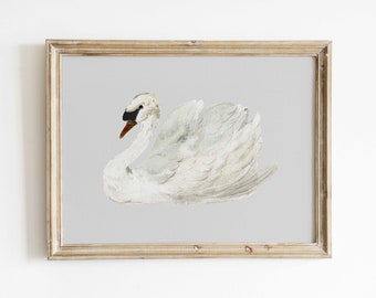 Muted White Swan Vintage Print Light Gray Wall Art Antique Nursery Wall Decor Modern Farmhouse Country Cottage Bedroom Digital Download
