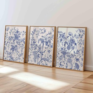 Indigo Blue Triptych Wall Art Print Antique Toile Aesthetic Chinoiserie Botanical Wildflower Drawing Modern Minimalist Home Digital Download