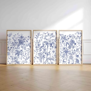 Indigo Blue Triptych Wall Art Print Antique Toile Aesthetic Chinoiserie Botanical Wildflower Garden Modern Minimalist Decor Digital Download