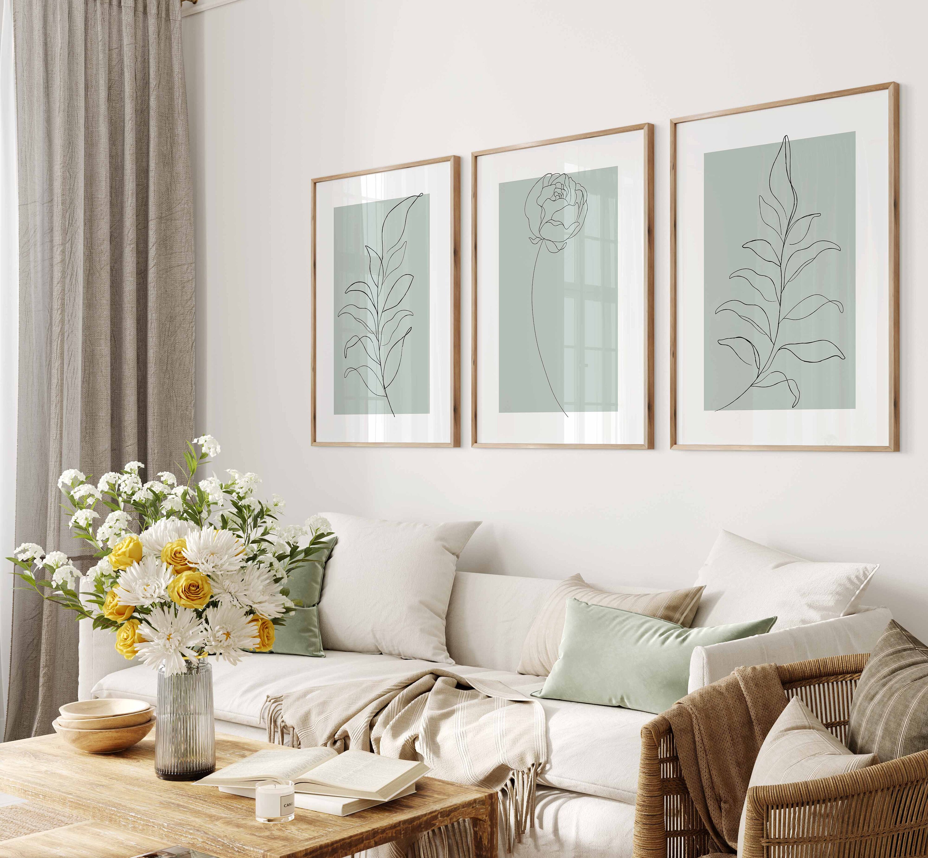 Sage Green Wall Art Set of 3 Piece Peony Line Art Botanical Plant Print ...