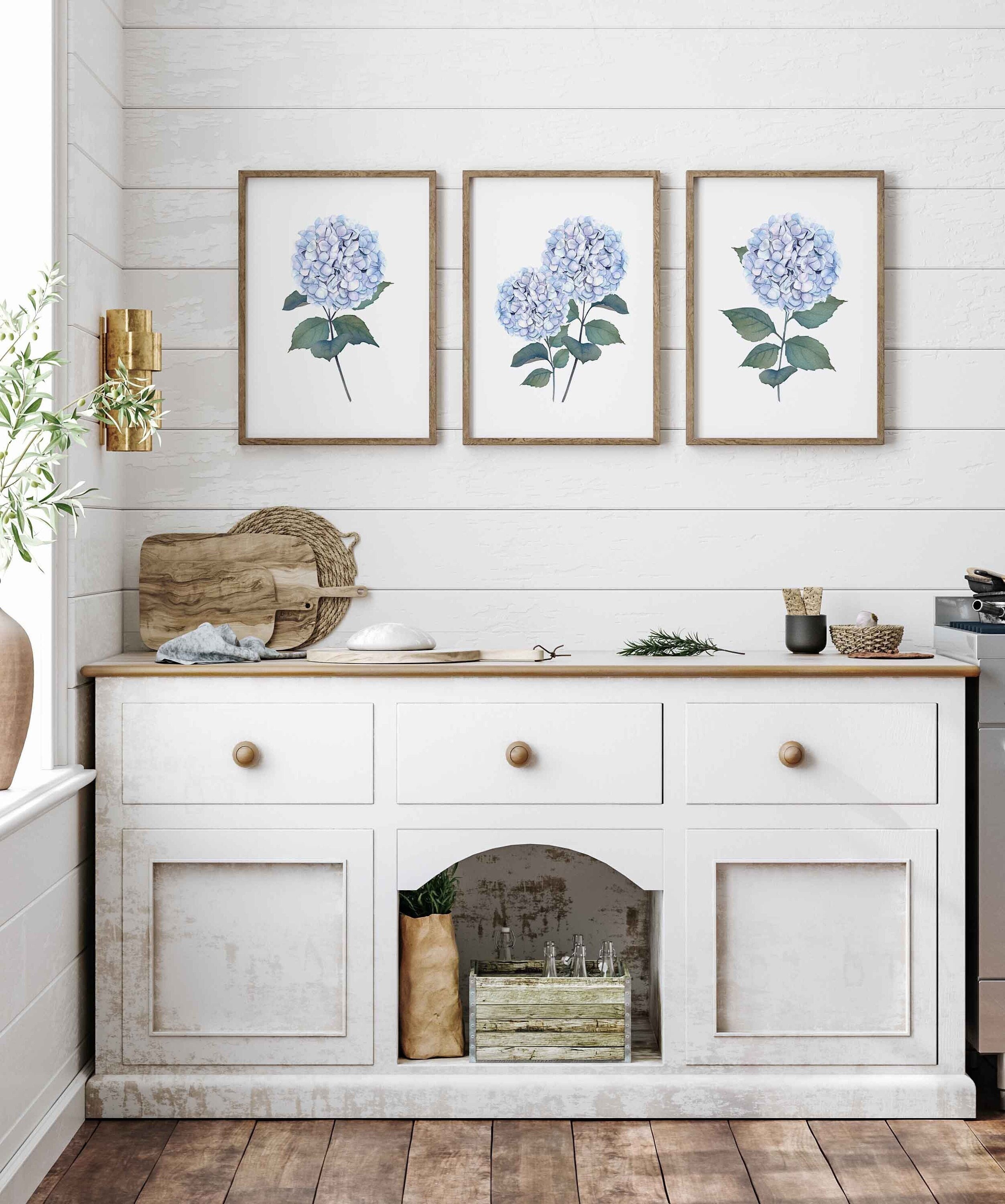 Hortensien Print 3er Set blau Aquarell botanische druckbare Wand Kunst Blumen Wand Dekor minimalistisch bunt Wohnkultur Instant Download