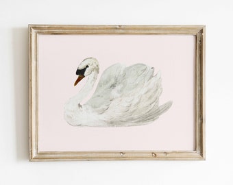 Blush Pink Wall Art Muted White Swan Vintage Print Antique Nursery Minimalist Decor Modern Farmhouse Country Cottage Digital Download