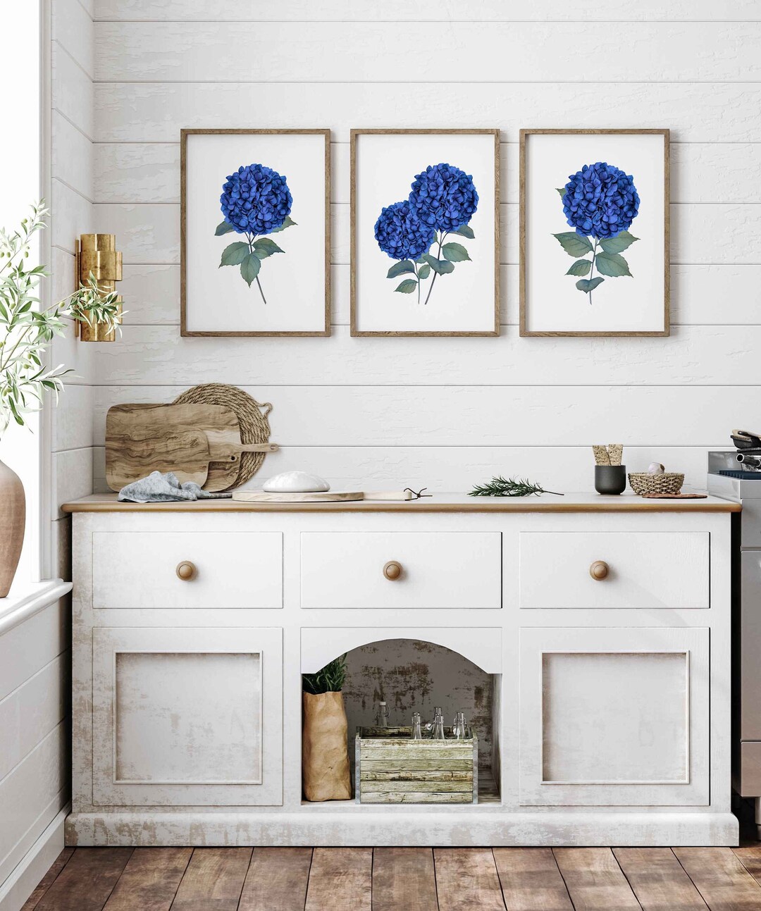 Hydrangea Print Set of 3 Dark Blue Watercolor Botanical Printable Wall ...
