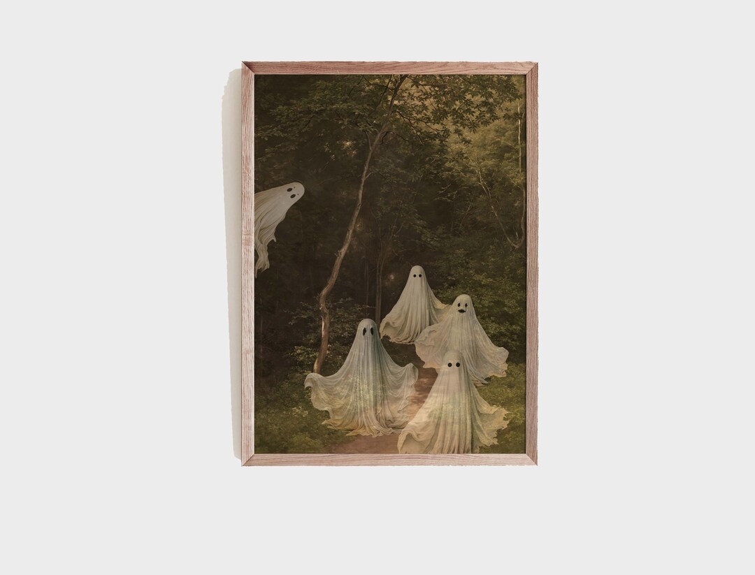 Vintage Forest Painting Cute Halloween Ghosts Autumn Wall Art Print ...