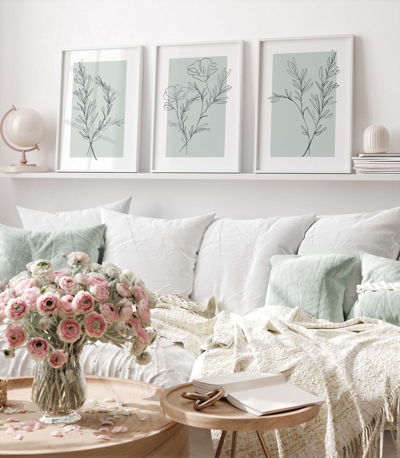 Sage Green Wall Art Set of 3 Piece Wall Art Botanical Flower Line Plant ...