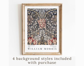 William Morris Honeysuckle Print Textile Pattern Blue Wall Art Vintage Exhibition Poster Modern Farmhouse Decor Cottagecore Printable Art