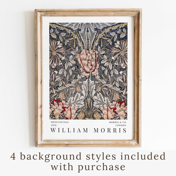 William Morris Honeysuckle Print Textile Pattern Blue Wall Art Vintage Exhibition Poster Modern Farmouse Decor Cottagecore Printable Art