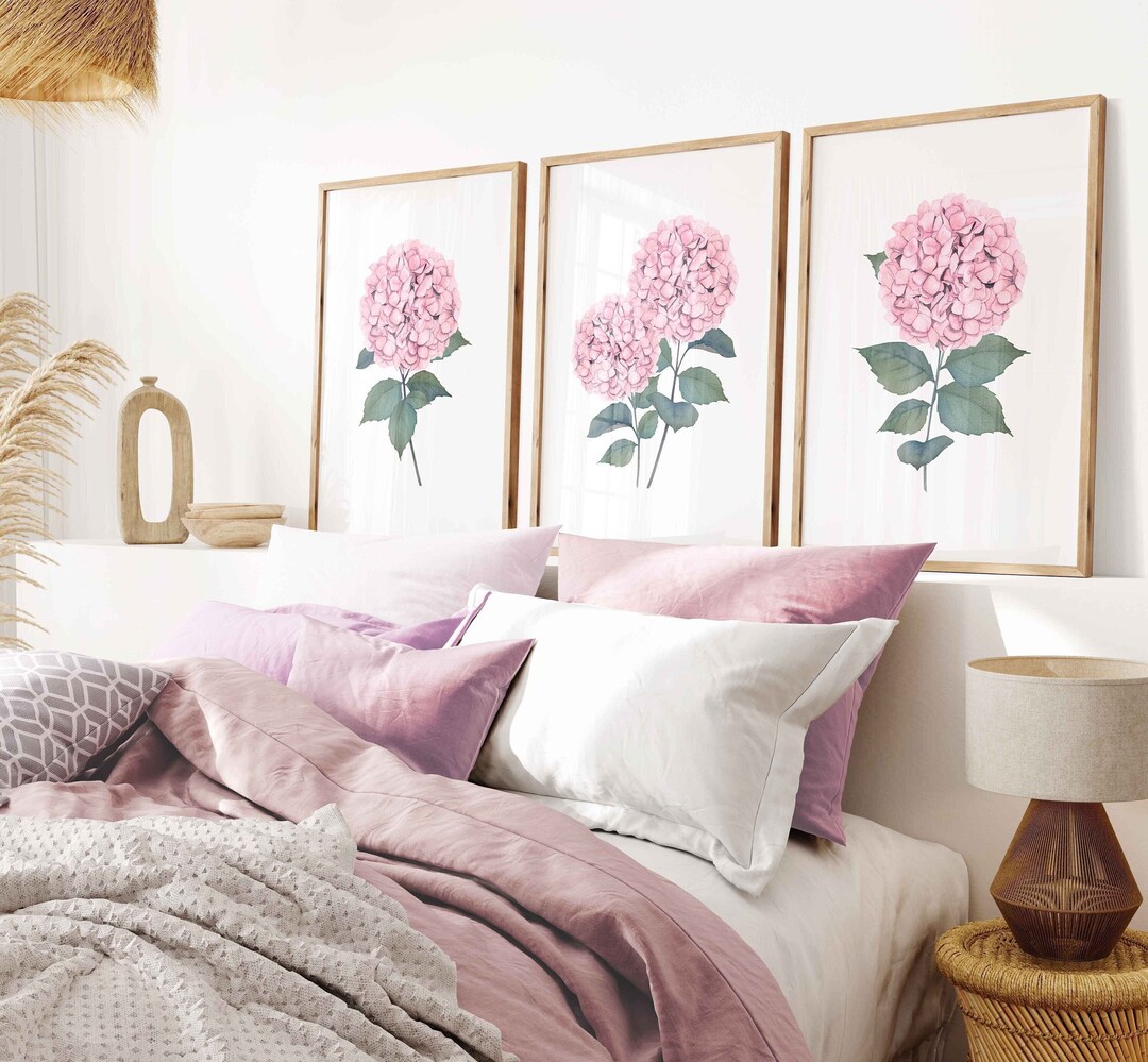 Hydrangea Print Set of 3 Pink Watercolor Botanical Printable Wall Art ...