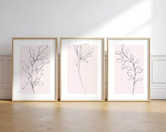 Blush Wall Art Set of 3 Pink Botanical Line Drawing Plant Prints Minimalist Modern Living Room Home Decor Printable Art Instant Download