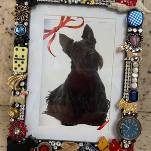 Jewelry Jeweled Scotty Embellished Black Frame w/ Scottie Pins, Charms, Rhinestones & Vintage/Costume Jewelry One of a Kind
