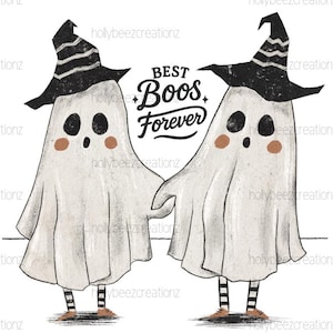 May include: Illustration of two friendly ghosts holding hands, wearing witch hats. The ghosts have black eyes and rosy cheeks. The text "Best Boos Forever" is above them. The image is a cute, whimsical design for Halloween.