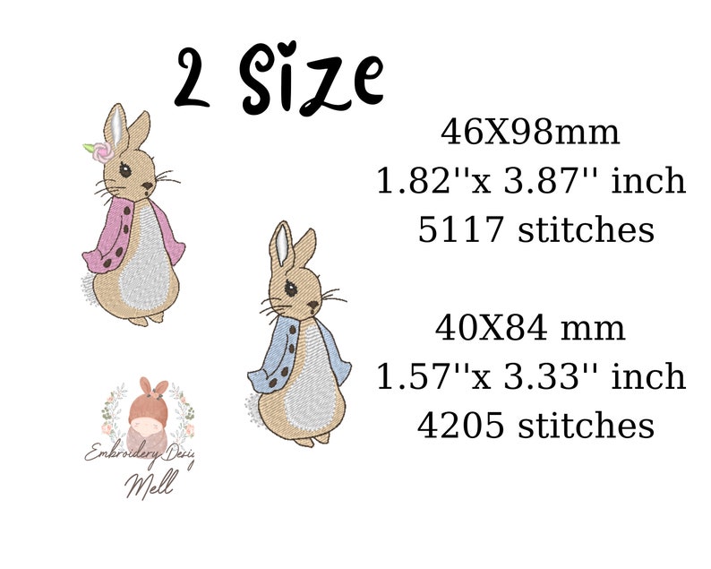 May include: Two embroidered designs of a bunny rabbit, one in pink and one in blue. The designs are available in two sizes: 1.82" x 3.87" with 5117 stitches and 1.57" x 3.33" with 4205 stitches.