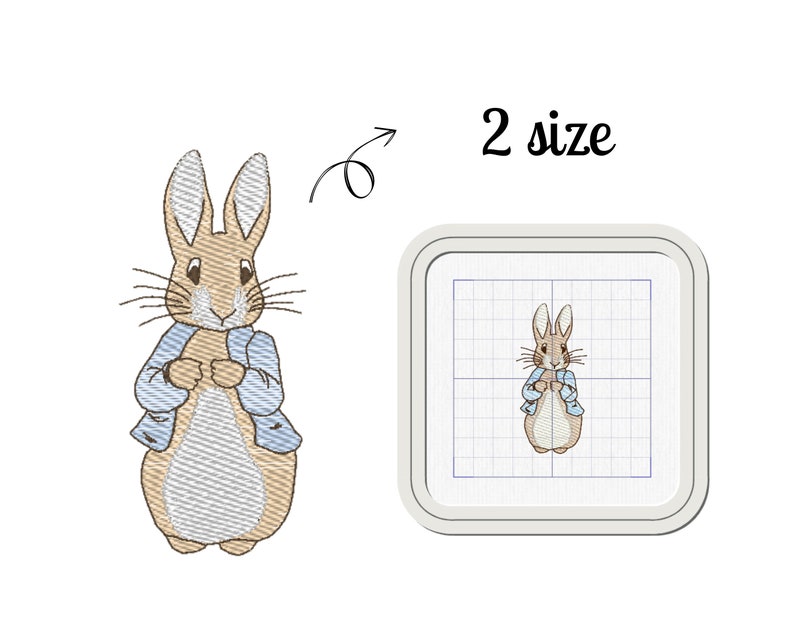 May include: Embroidered design of Peter Rabbit wearing a blue jacket. The design is shown in two sizes, with the smaller version on the left and the larger version on the right in a hoop.