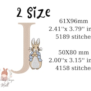 May include: Embroidery design for the letter J featuring a Peter Rabbit character. The design is available in two sizes: 61 x 96 mm with 5189 stitches and 50 x 80 mm with 4158 stitches.