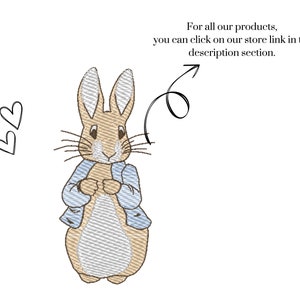 May include: A cartoon illustration of Peter Rabbit, a brown rabbit wearing a blue jacket, with two hearts in the background. The text "For all our products, you can click on our store link in the description section." is above the image.
