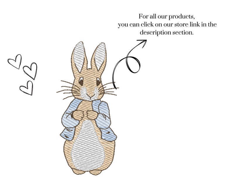 May include: A cartoon illustration of Peter Rabbit, a brown rabbit wearing a blue jacket, with two hearts in the background. The text "For all our products, you can click on our store link in the description section." is above the image.