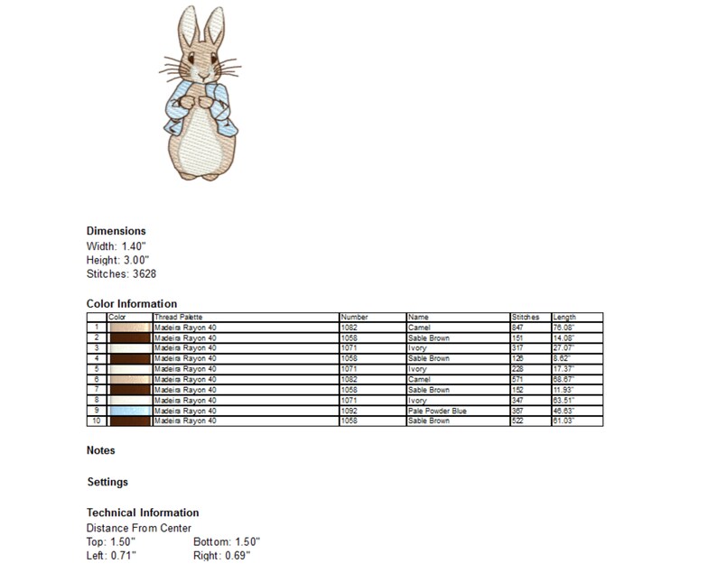 May include: Embroidered design of Peter Rabbit wearing a blue jacket, brown pants, and white shirt. The design is 1.4 inches wide and 3 inches tall, with 3628 stitches. The design uses 10 different colors of Madeira Rayon thread.